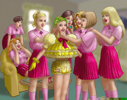 school girls dress up a school boy as a pretty sissy